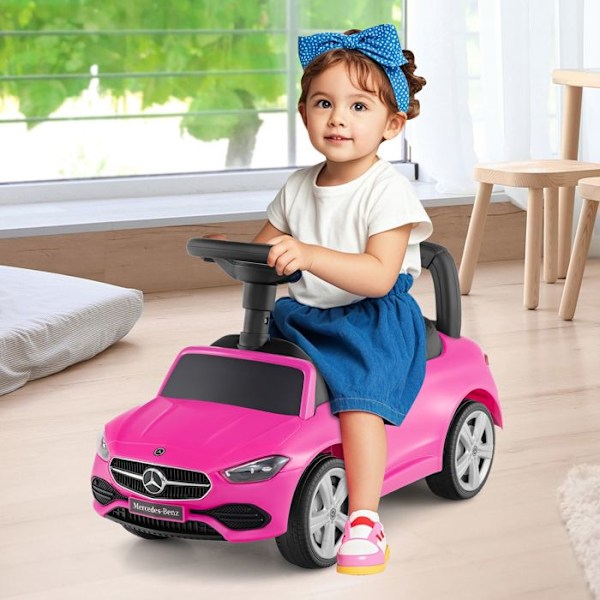 COSTWAY Mercedes-Benz børnebærer med rat, horn, motorlyd, opbevaring under sædet, i 12 til 36 måneder, Pink