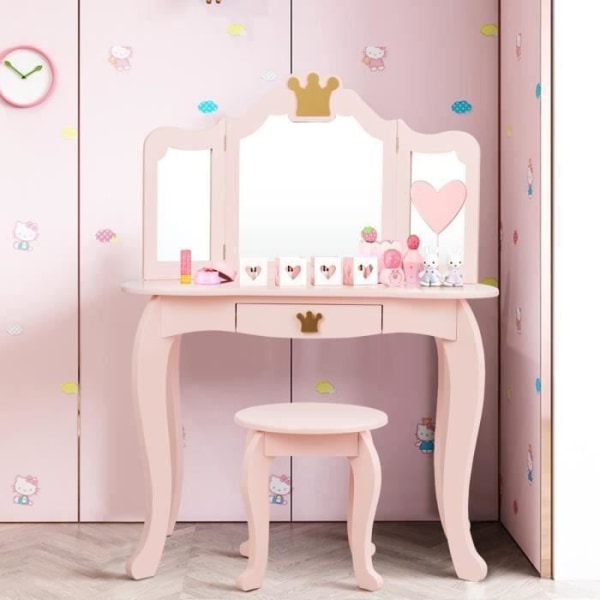 COSTWAY toalettbord för barn med trefaldig spegel, avtagbar skiva, pall ingår, låtsaslek för tjejer