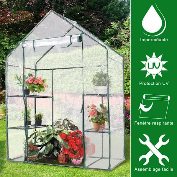 COSTWAY Puutarhahuone 2m³ 143x73x195CM UV-suojattu läpinäkyvä kalvo teräksestä ja PVC:stä 6 kerrosta Läpinäkyvä rullattava ovi