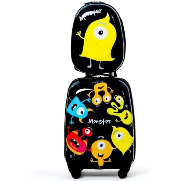 COSTWAY 16-tums rullväska för barn + 12-tums ryggsäck svart bagageset för barn med lite monstermönster för pojkar
