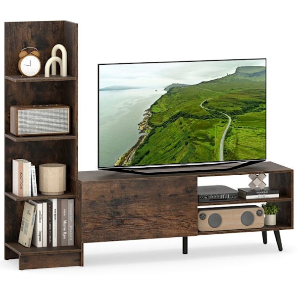 COSTWAY 50" TV-møbel med L-formede opbevaringshylder og justerbar hylde, åbne rum, til stue, soveværelse, brun