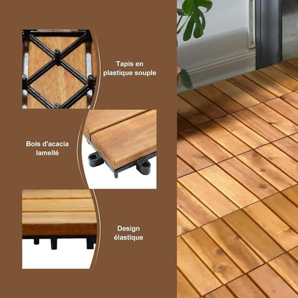 COSTWAY 27 Dalles Terrasser Udendørs 30 x 30 CM, Akacietræ Klikbare og Sammenføjbare Belægningsplader til Have, Pool, Balkon