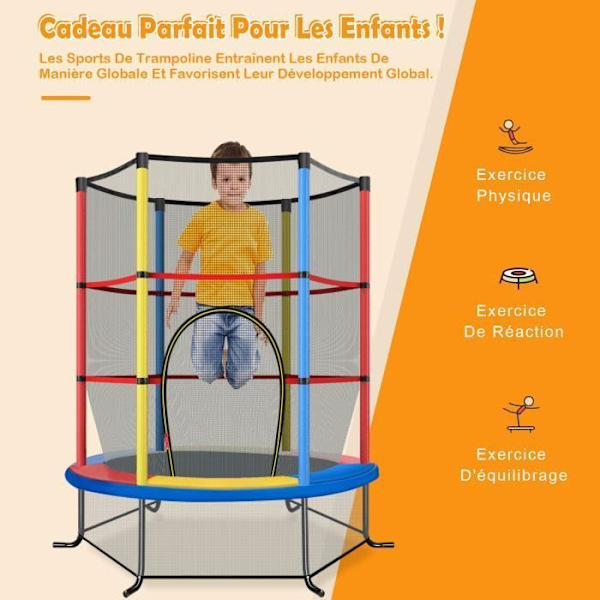 COSTWAY Trampoline til børn med sikkerhedsnet Ø165×1,91H CM-med lynlåse-dækkende fjedre-6 polstrede stolper-maximum belastning 45 kg-farverig