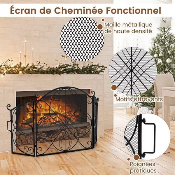 COSTWAY Eldstäva - 3 Fällbara Sektioner med Blommönster - Robust Metallram - Skydd för Barn och Djur - 151 x 83 cm