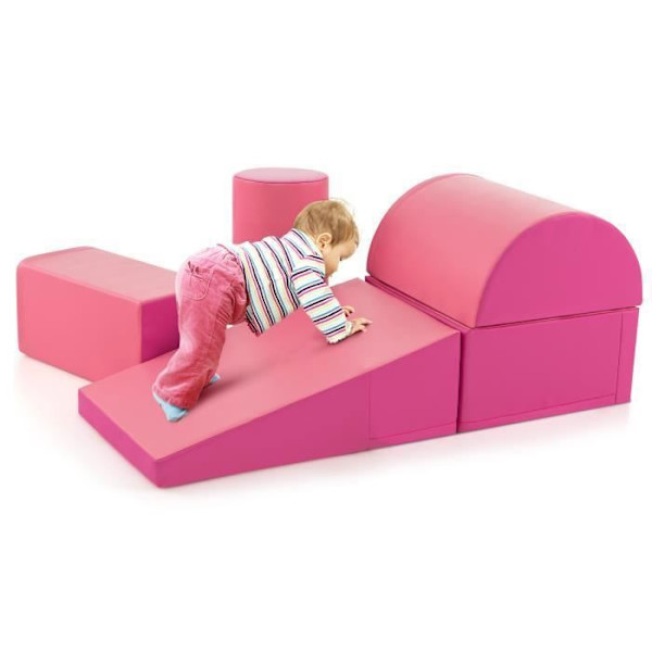 COSTWAY 5 STK Skumbyggeklodser-PU-cover-Børn Motoriske færdigheder-moduler-Pædagogisk legetøj-9 måneder-Crawling-Rose Red röd ros