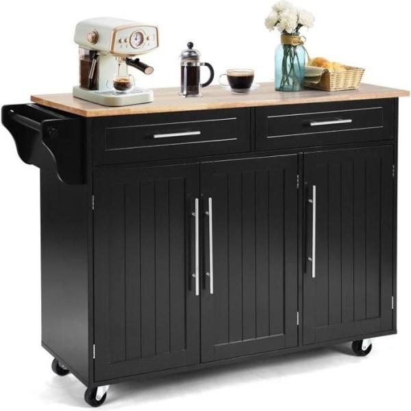 COSTWAY keittiövaunu/pyörillä oleva vaunu, Kitchen Island veitsenpidikkeellä, pyyheteline, 3 ovea ja 2 laatikkoa, musta