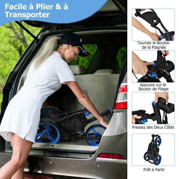 COSTWAY Foldbar golfvogn med 5 hjul, elastisk strop, justerbar paraplyholder og kopholder Aluminiumscoated taske Blå