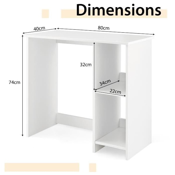 COSTWAY Modernt skrivbord med 2 hyllplan - 80 x 40 x 74 CM (L x B x H) MDF Vit högblank melaminfinish