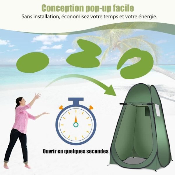 Bærbart pop-up campingbrusetelt-COSTWAY-120x120x190cm-1 person-lavet af polyester-bæretaske-4 søm inkluderet-grønt Grön