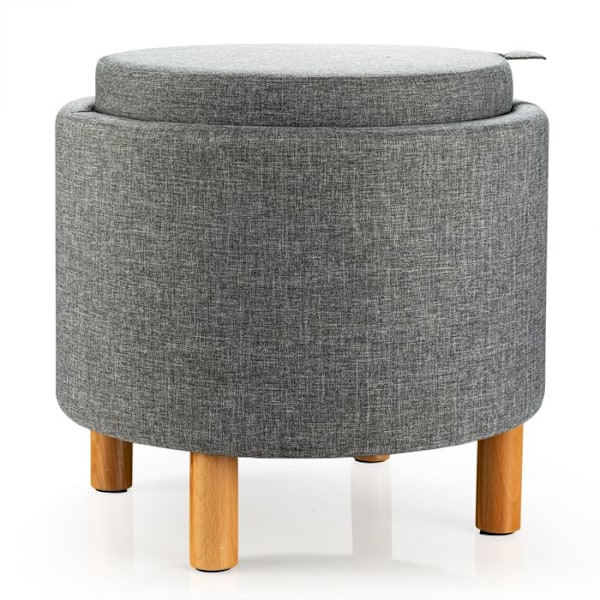 COSTWAY rund opbevaringspuf med bakke, PE-stof, træfødder, skridsikre puder, til stue, soveværelse, 44×44×42 cm, Grå