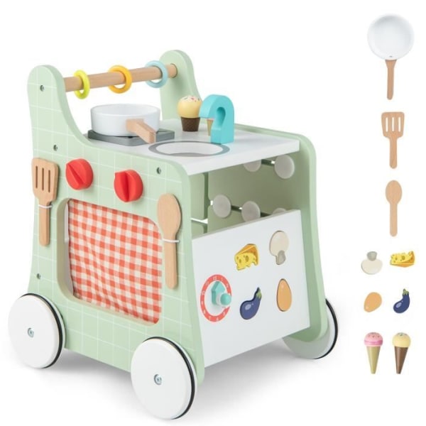 COSTWAY 6 i 1 trägåvagn med leksakscenter, lekkök, klocka, rullator för barn 1 år+, Montessorileksak