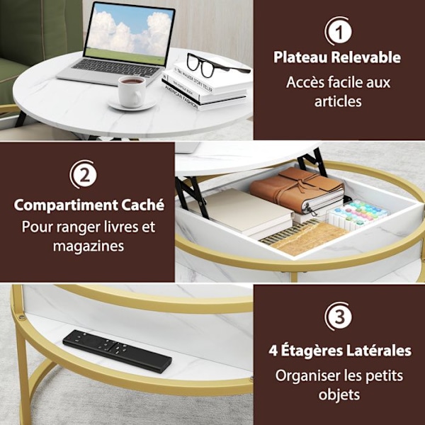 COSTWAY Cafébord med hævefunktion, Rund centerbord 80 cm med 2 niveauer, Skjult rum og sidehylder, Hvid Vitt och guld