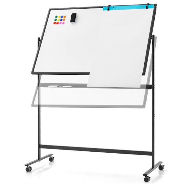 COSTWAY Magnetic Whiteboard 120 x 80 cm Dubbelsidig vändbar torrradering 2 justerbar höjd 4 mobila hjul Svart