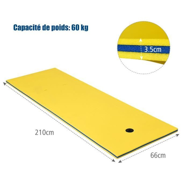COSTWAY Flydende poolmåtte i XPE-skum 210x66CM 3 lag med 1,5M elastisk fastgørelse 60KG bæreevne til strand