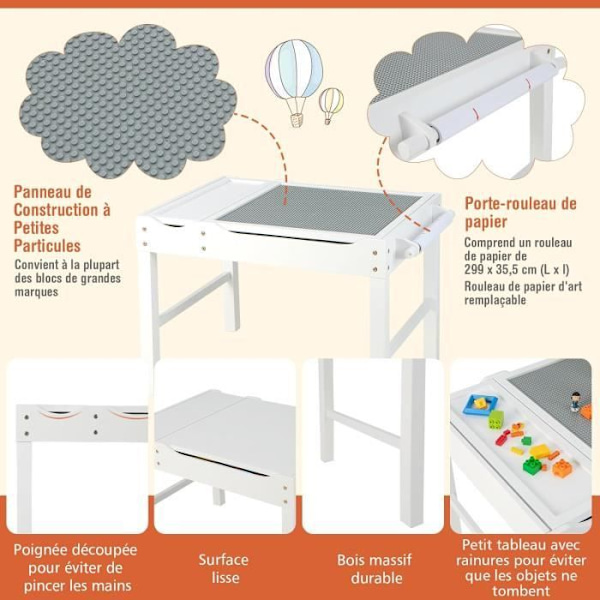 COSTWAY 2 i 1 børnebord med legoplader, skjult opbevaring, vendbar bakke med papirrulle til at tegne hvid