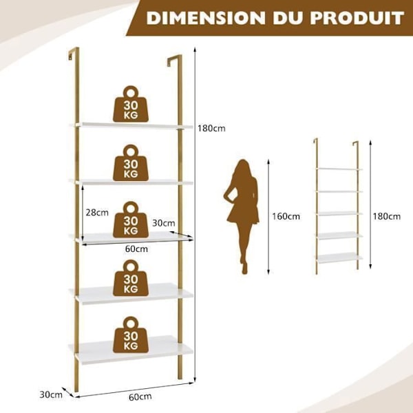 COSTWAY Væghylde med 5 niveauer 60 x 30 x 180 CM, Stige Bibliotek med Skridsikre Fødder og Struktur i Guld Stål