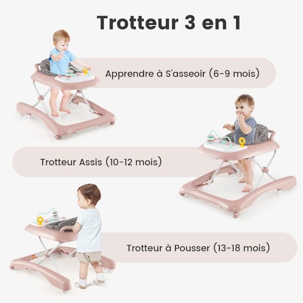 COSTWAY 3 i 1 hopfällbar Baby Walker-3 Justerbar i höjdled-Bekväm vadderad sits-avtagbar leksaksbricka-24 månader 12kg-Rosa