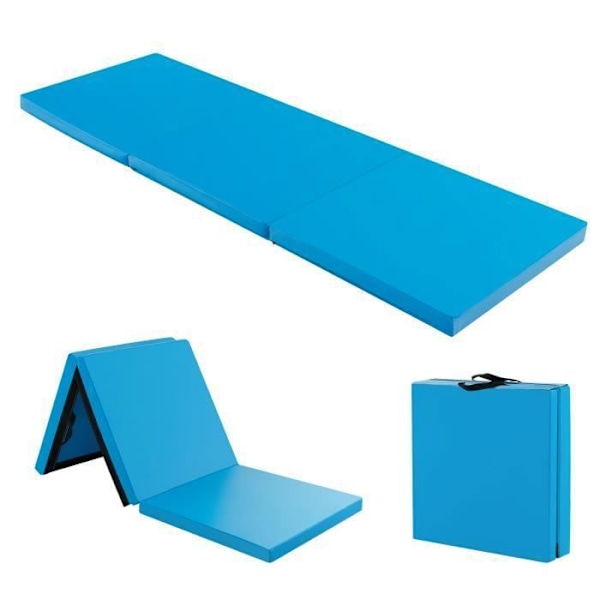 COSTWAY kokoontaittuva kuntosalimatto-180 x 60 x 5 cm-3 kerros kahva-koukku- ja silmukkakiinnikkeillä-vedenpitävä PU EPE täyte-sininen Blå