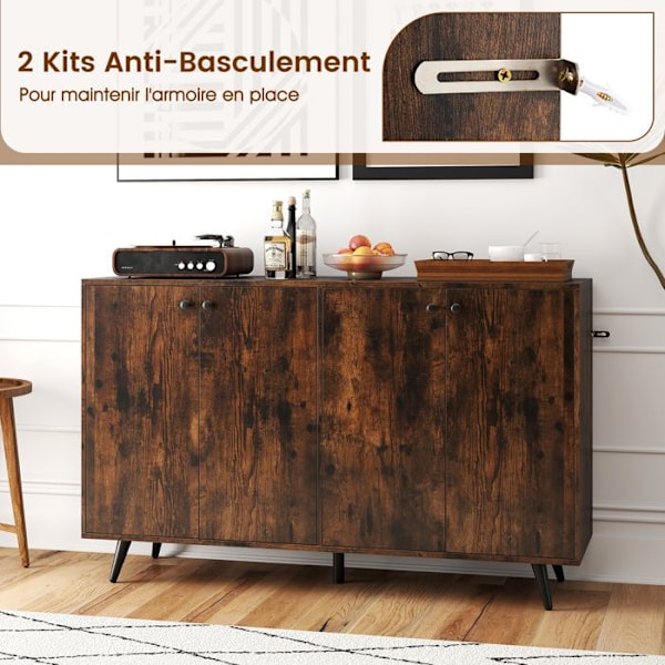 COSTWAY Keittiöbuffet Kommode Säilytyskaluste, jossa 4 Ovea, 2 Säädettävää Hyllyä Keittiöön, Olohuoneeseen 127,5x38x80cm Ruskea
