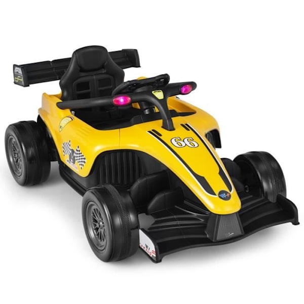 COSTWAY sähköauto 12V7Ah lapsille 3-7 vuotta, F1 Racing, 2-5 KM/H, 2.4G kaukosäädin, LED, USB, äänitorvi, MP3, keltainen Gul