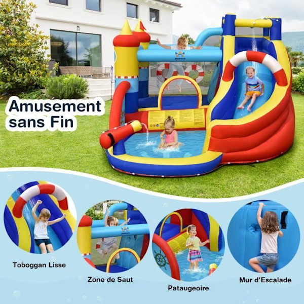 COSTWAY Vandret Inflatable 6 i 1 med Buet Rutschebane, Sprøjtende Pool, Målspil og Vandkanon uden Pumpe til Børn Blå, gul och röd