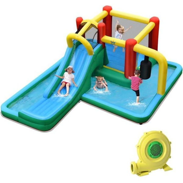 COSTWAY Hoppborg för barn 3-10 år med uppblåsare 680W Paddlingspool Rutschkana Klätterväggstunnel 470 x 370 x 190 cm Flerfärgad