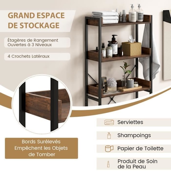 COSTWAY badeværelseshylde - 3 niveauer toiletenhed - 4 kroge - Justerbar stang - Brun kastanj