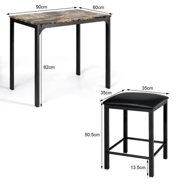 COSTWAY 3-delat matbordsset, med 2 stolar i konstläder, metallram, 90 x 60 x 82 cm, för bistro, kök