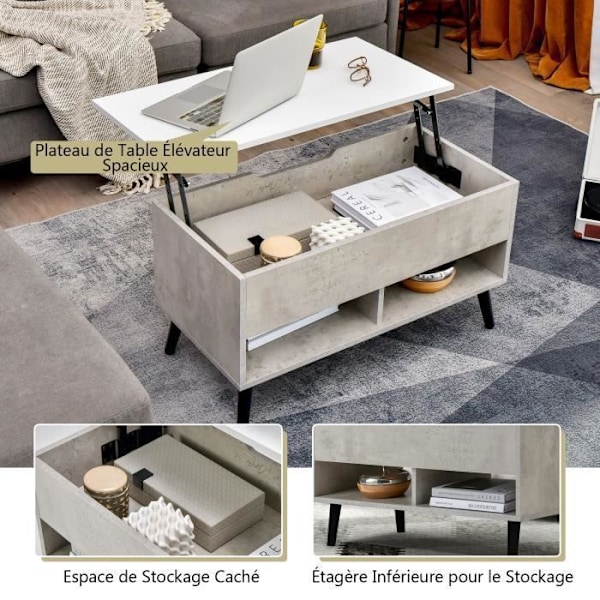 COSTWAY Sofabord med Lift Top Moderne stuebord med skjult opbevaring 2 åbne rum 80x40x44,5-58CM Grå Grå