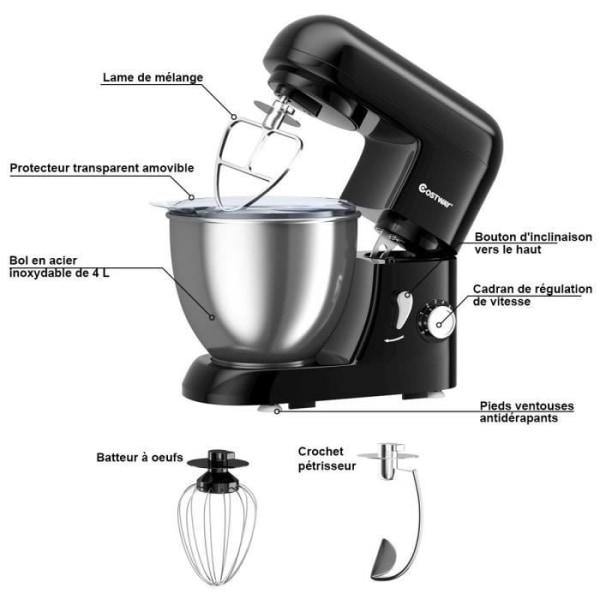 COSTWAY elektrisk standmixer med skål i rustfrit stål 4L 1300W ved 6 justerbare hastigheder med piskeris, piskeris, krog sort