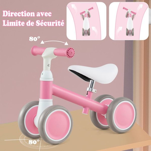 COSTWAY Balancecykel til Baby uden Pedaler med Justerbart Styr og Sæde, 4 Hjul, til Fødselsdagsgave, 1 til 3 År, Rosa