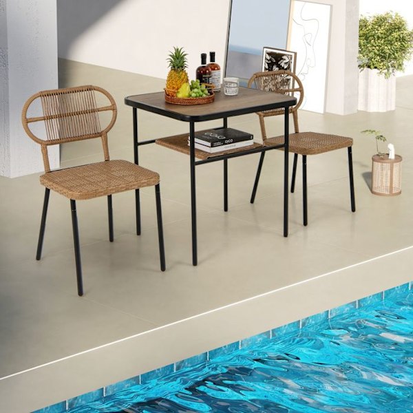 COSTWAY Ensemble 3 PCS Havemøbel med 2 Stole i Rattan, Stabelbare Stole i Forskellige Størrelser, til Indendørs og Udendørs Brug Naturlig