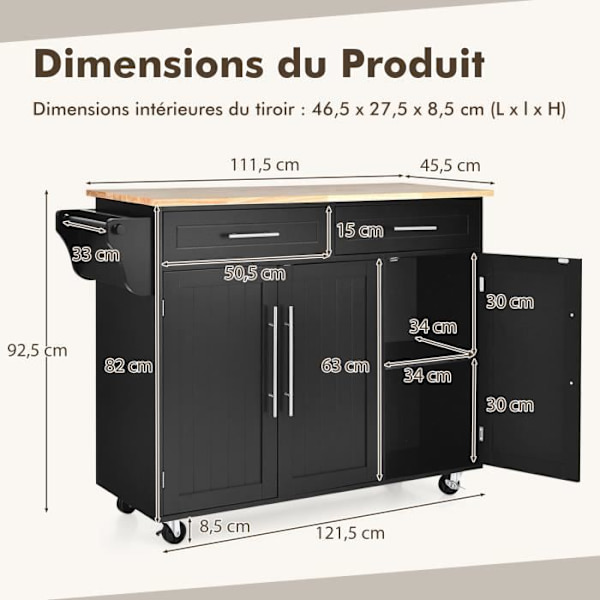 COSTWAY keittiövaunu/pyörillä oleva vaunu, Kitchen Island veitsenpidikkeellä, pyyheteline, 3 ovea ja 2 laatikkoa, musta