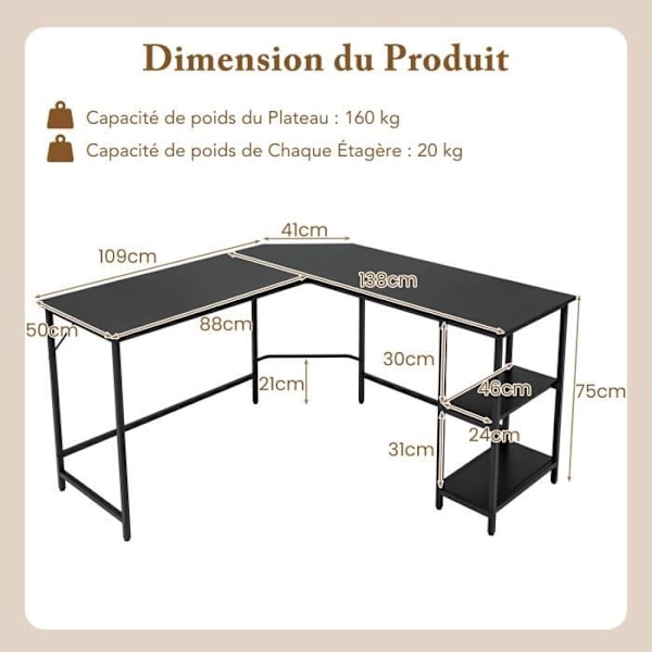 COSTWAY L-formet Computerhjørnebord 138 CM, Industrielt med Stålramme, 2-niveau Hylde, Sort