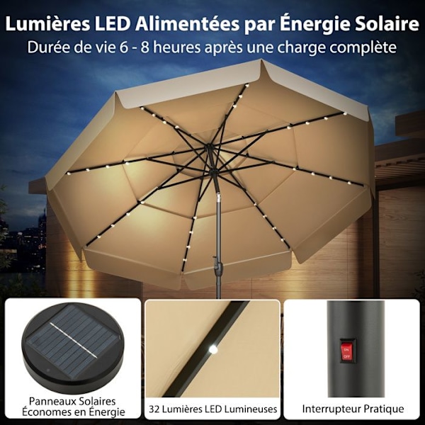 Haveparasoll 3M med 32 LED'er - COSTWAY - 35° hældning - Dobbelt manøvreringshåndtag - 8 spidser - Solbeskyttelse til Terrasse, Beige