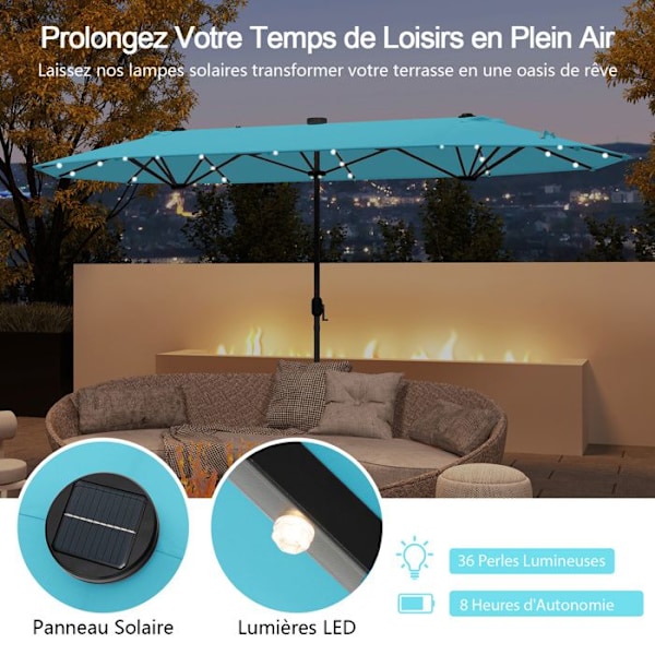 Parasol Double til Have XXL 400 x 200 x 240 cm - COSTWAY - 36 LED-lys - Base inkluderet - 12 Spidser - Rektangulær Grøn