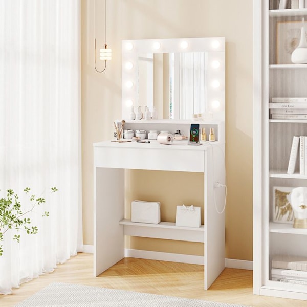 COSTWAY Sminkbord med Spegel och 3 Ljuslägen, Makeupbord med Justerbar Belysning, Laddningsstation, Låda, Vit Vit