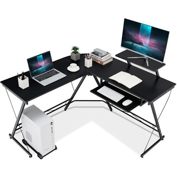COSTWAY L-muotoinen kulmapöytä - 126,5 x 130 x 94 CM CPU-tallennustilalla, näyttöhyllyllä ja liukuvalla näppäimistöalustalla Svart