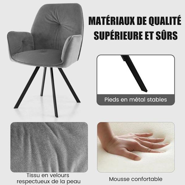 COSTWAY sæt med 2 spisestuestole i fløjl, 360 grader drejelig, metalben og skridsikre puder, 63x59x87 cm, grå Grå