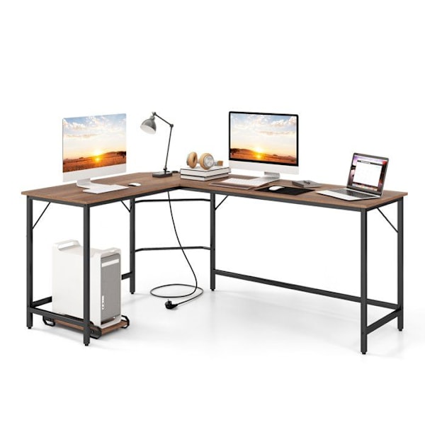 COSTWAY 168 x 125 cm Hjørneskrivebord med CPU-holder, 2 strømstik og USB & Type C-port, robust metalramme, naturlig