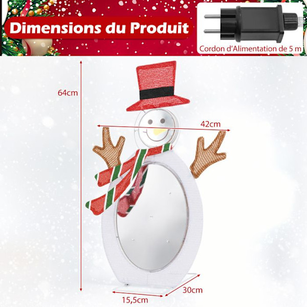 COSTWAY 2D Snowman Pre-Lit med 75 varmhvide LED lysperler, 2 uendelige lysspejle juledekoration