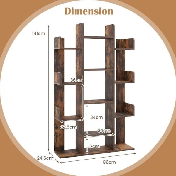 COSTWAY Tree Reol 141 CM, 13 åbne hylder til bøger og dekorationer, Anti-Tip Devices, Brun