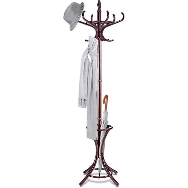 COSTWAY Fristående klädhängare i massivt trä - 12 krokar - Paraplyhållare för förvaring - 51 x 51 x 184 cm - för kappor Hattar - Brun Brun