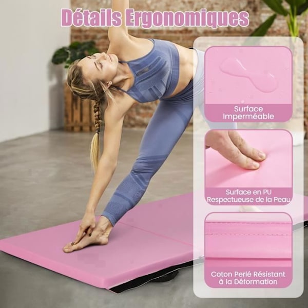 COSTWAY Foldbar Gymnastikmåtte-180 x 60 x 5cm-3 lag med håndtag-kroge- og løkkebefæstelser-Vandtæt PU EPE-fyldning-Pink Rosa