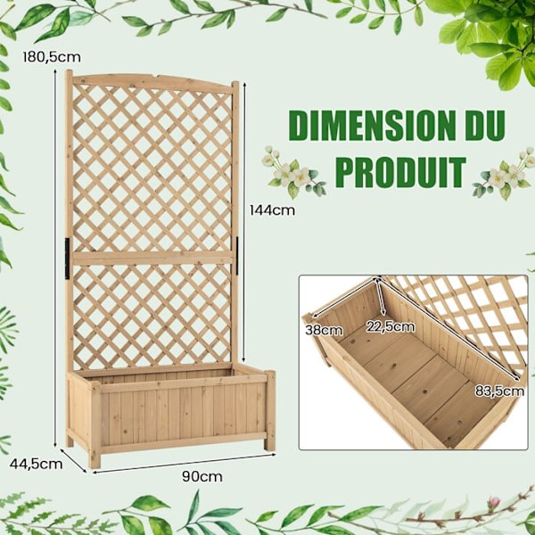 COSTWAY Blomlåda med Spaljé i Furu med 4 Dräneringshål, Utomhus Blomkruka för Klätterväxter, Naturlig