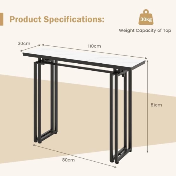 COSTWAY konsolbord, marmoreffekt - 110 x 30 x 81 CM, hallmöbler i skandinavisk stil Svart metallstomme Vit och svart