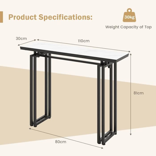 COSTWAY-konsolipöytä, marmoriefekti - 110 x 30 x 81 CM, skandinaaviset eteisen kalusteet, musta metallikehys Vit och svart