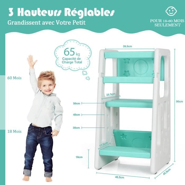 COSTWAY Toddler Learning Tower 3 justerbar højde og skridsikker fodstøtte HDPE dobbelte sikkerhedsskinner Grøn