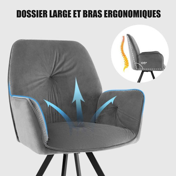 COSTWAY sæt med 2 spisestuestole i fløjl, 360 grader drejelig, metalben og skridsikre puder, 63x59x87 cm, grå Grå