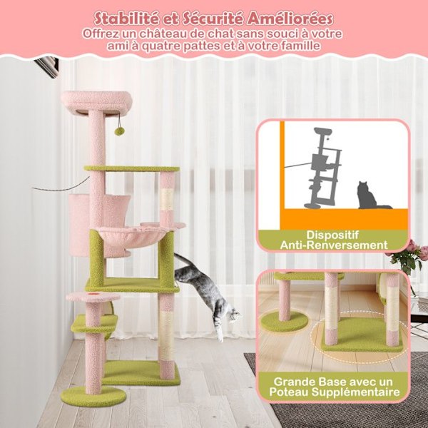 COSTWAY 148 cm Kattetræ på flere niveauer, polstret topaborre, lejlighed, hængekøje, sisal-kradsestolper, hængende bolde Rosa och grönt